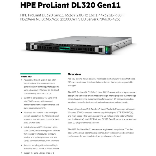 HPE PL DL320g11 6526Y (2.8/16C) 4x32G (p64706) 8SFF NS204(2x480Gm.2) 2x1000W 2p10GT 7F Smart Choice