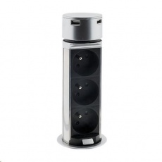 Solight USB výsuvný blok zásuvek, 3 zásuvky, plast, kruhový tvar, prodlužovací přívod 1,5m, 3 x 1mm2, stříbrný Solight USB výsuvný blok zásuvek, 3 zásuvky, plast, kruhový tvar, prodlužovací přívod 1,5m, 3 x 1mm2, stříbrný