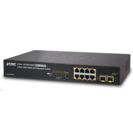 Planet GS-4210-8P2S PoE+ switch 8x 10/100/1000Base-T, 2x SFP, 802.3at do 120W, VLAN, SNMP/WEB