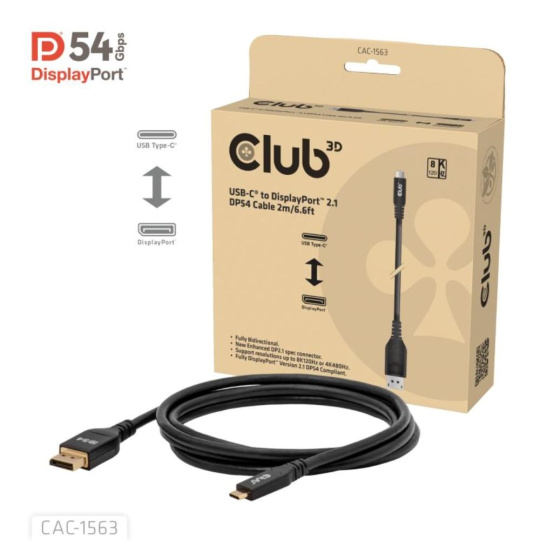 Club3D Kabel USB-C na DisplayPort 2.1 DP54 Bi-Directional, 8K120Hz, 4K480Hz, 2m Club3D Kabel USB-C na DisplayPort 2.1 DP54 Bi-Directional, 8K120Hz, 4K480Hz, 2m