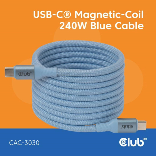 Club3D Kabel magnetický USB-C, 240W PD3.1, 480 Mbps, 2m, modrá Club3D Kabel magnetický USB-C, 240W PD3.1, 480 Mbps, 2m, modrá
