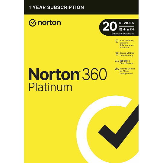 NORTON 360 PLATINUM 100GB +VPN 1 uživatel pro 20 zařízení na 1 rok ESD 1+1 (50%) NORTON 360 PLATINUM 100GB +VPN 1 uživatel pro 20 zařízení na 1 rok ESD 1+1 (50%)
