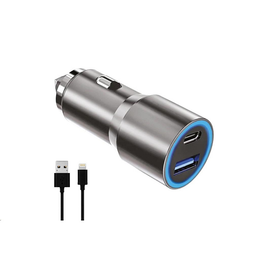WG - Autonabíječka 2x USB 38 W, 1x USB-A + 1x USB-C, + kabel USB-A na Lightning, stříbrá WG - Autonabíječka 2x USB 38 W, 1x USB-A + 1x USB-C, + kabel USB-A na Lightning, stříbrá
