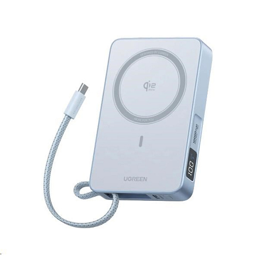 UGREEN magnetická powerbanka MagFlow 10000mAh s diplejem, Li-ion, 30W, MagSafe, 2x USB-C, stříbrná