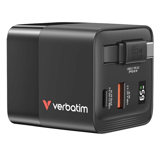 VERBATIM GaN Nabíječka do sítě, S kabelem, USB-C, USB-A, černá VERBATIM GaN Nabíječka do sítě, S kabelem, USB-C, USB-A, černá