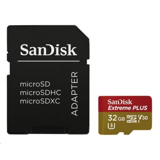 SanDisk MicroSDHC karta 32GB Extreme PLUS (10MB/s, UHS-I V30, Rescue Pro Deluxe) + adaptér