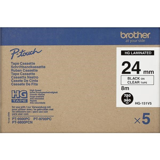 BROTHER HGE-151V5 Labelling Supplies, 24mm Black/Clear (5 pcs Pack) High Grade Tape